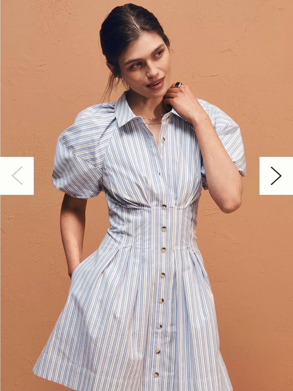 By Anthropologie Puff-Sleeve Mini Shirt Dress Blue and White Stripe Size XS